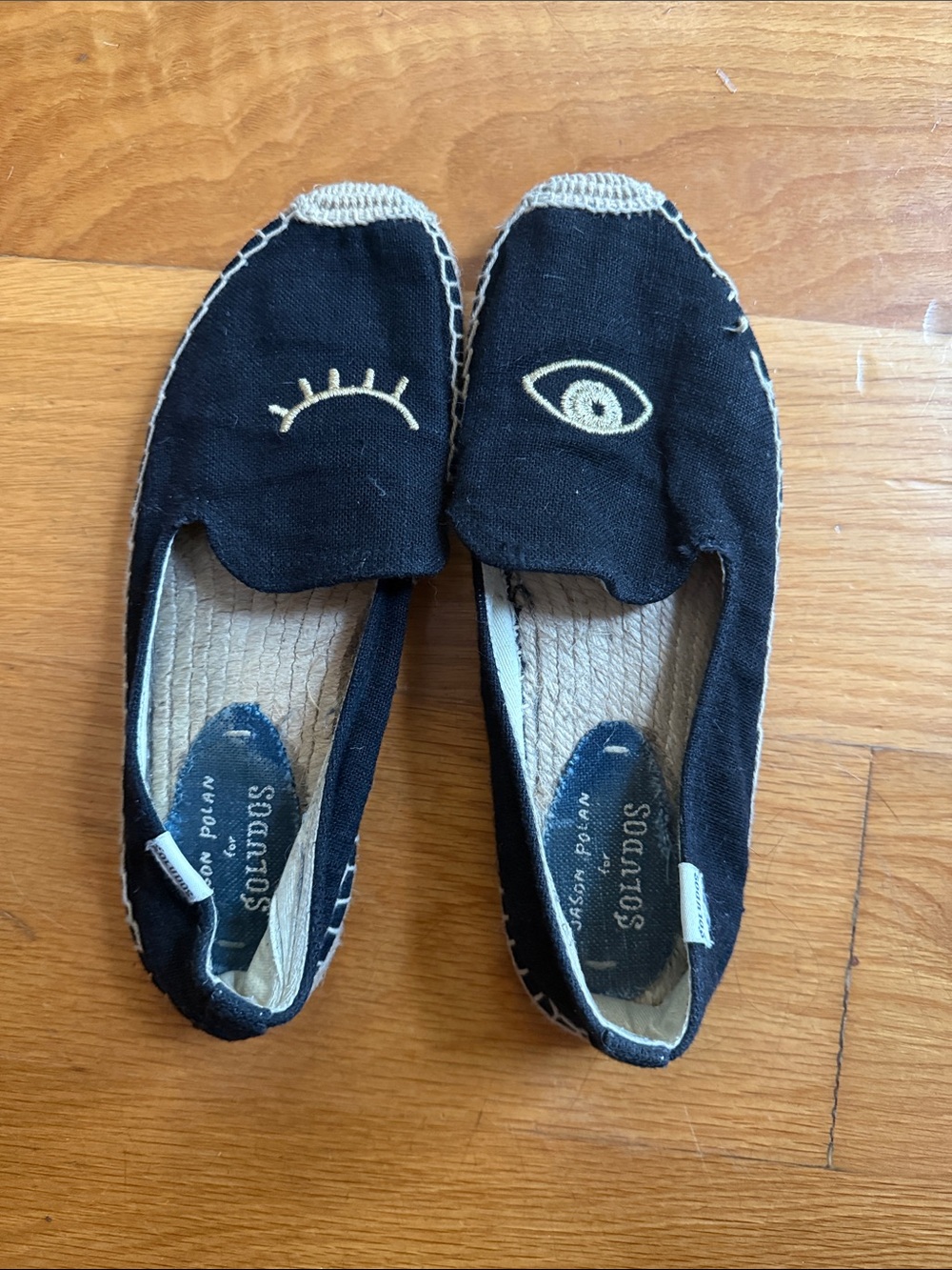 Soludos Black Canvas Espadrilles with Cream Eye Embroidery